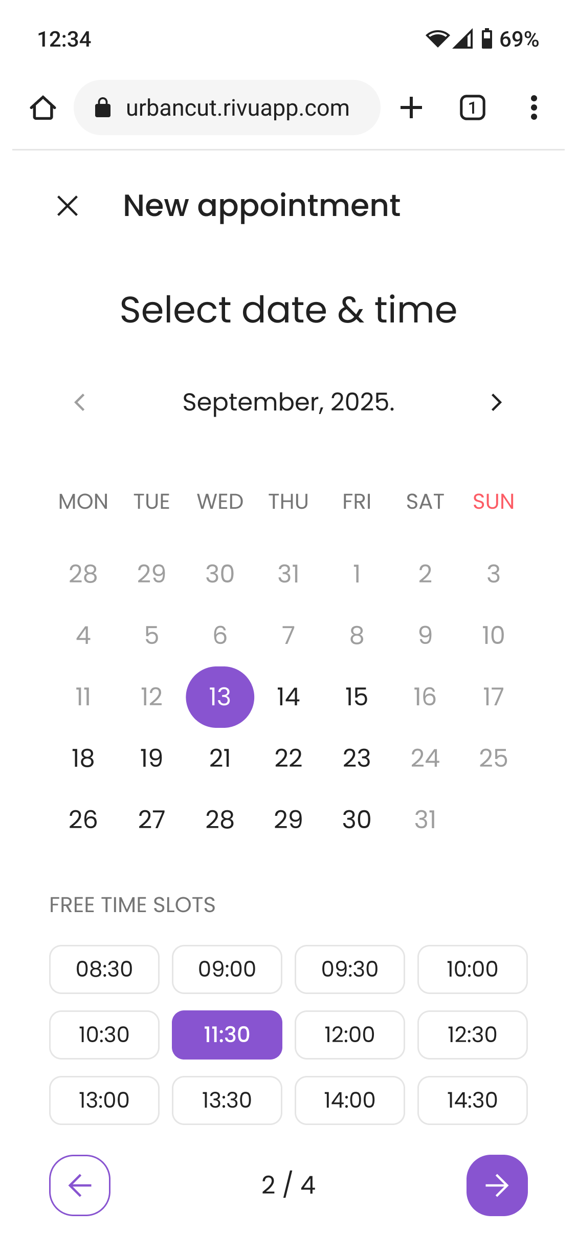Date and time selection on the booking page